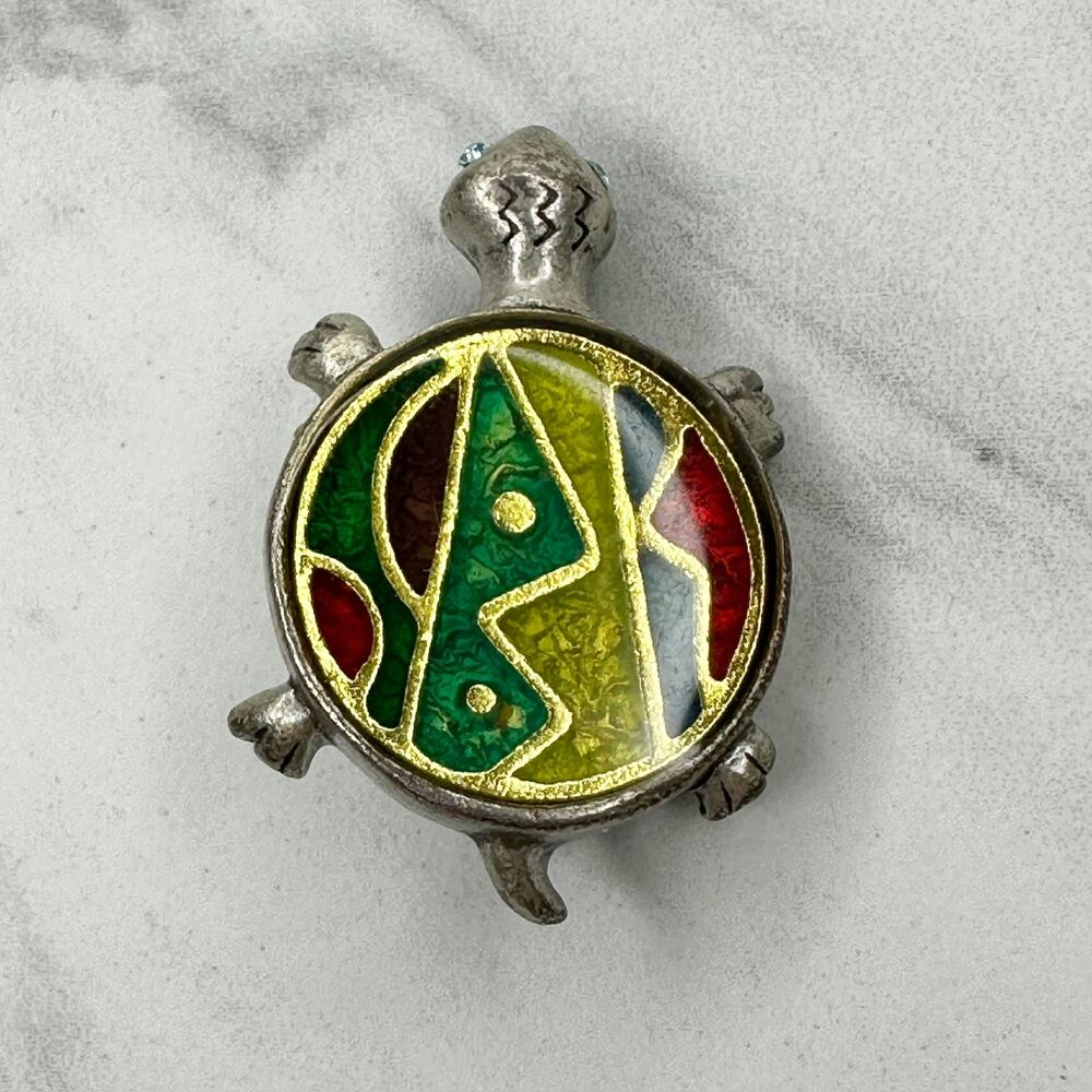 Chico's Vintage Multicolor Enamel Turtle Brooch Pin Silver Tone ✨